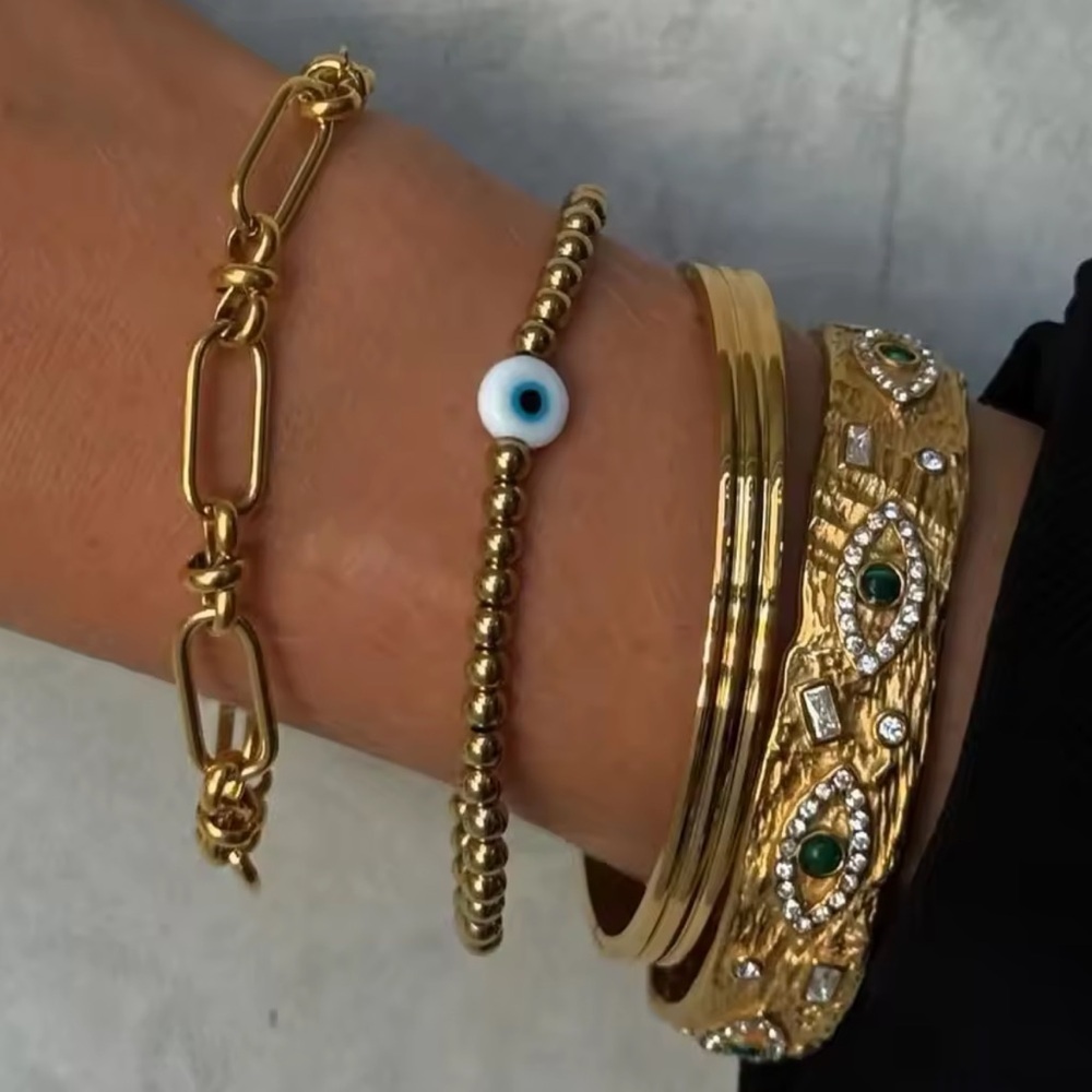 18K Gold Stainless Steel Beaded Bracelet with White Accent